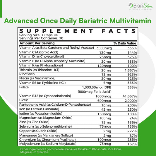 Advanced Once Daily Bariatric Multivitamin Capsule - 45 Mg Of Iron - Bariatric Vitamin For Post Bariatric Surgery Including Gastric Bypass And Gastric Sleeve | 30 Day Supply