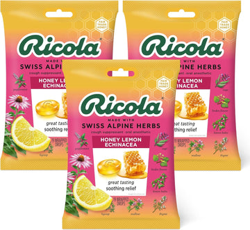 Ricola Honey Lemon W/ Echinacea Herbal Cough Suppressant Throat Drops, 19Ct Bag (Pack Of 3)