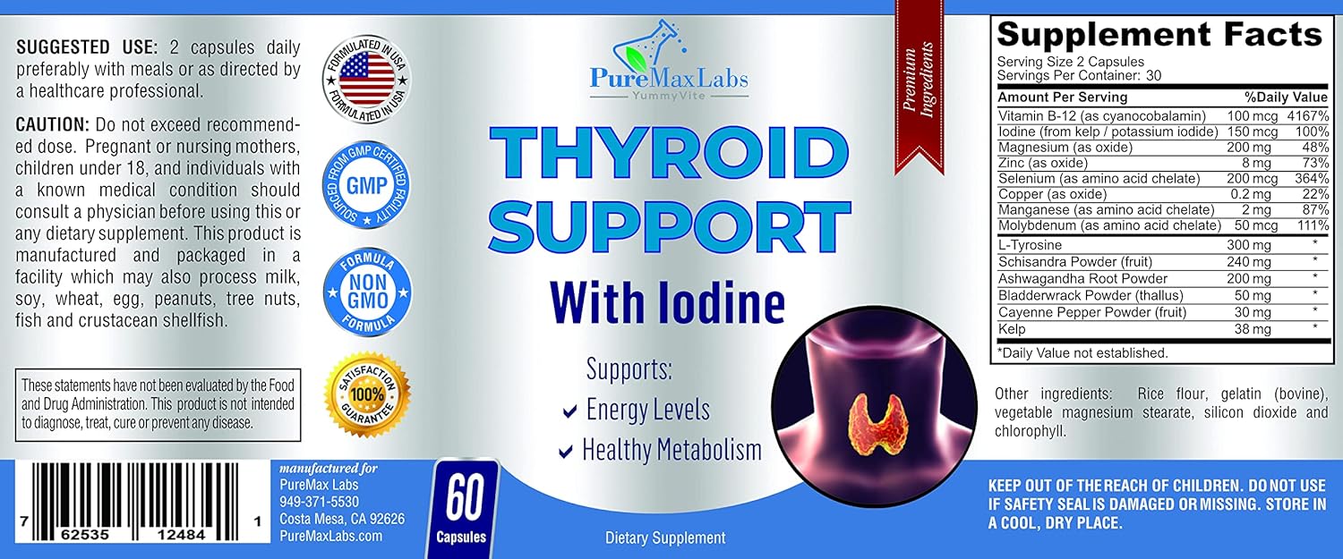 Thyroid Support With Iodine - Metabolism Booster, Energy Booster, Increase Focus - Premium Non-Gmo Thyroid Supplement 60 Capsules : Health & Household