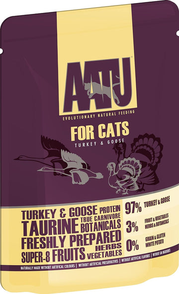 Aatu 97/3 Wet Cat Food - Turkey & Goose (10X85G) - Grain Free Recipe With No Artificial Ingredients - Easy Tear Pouches