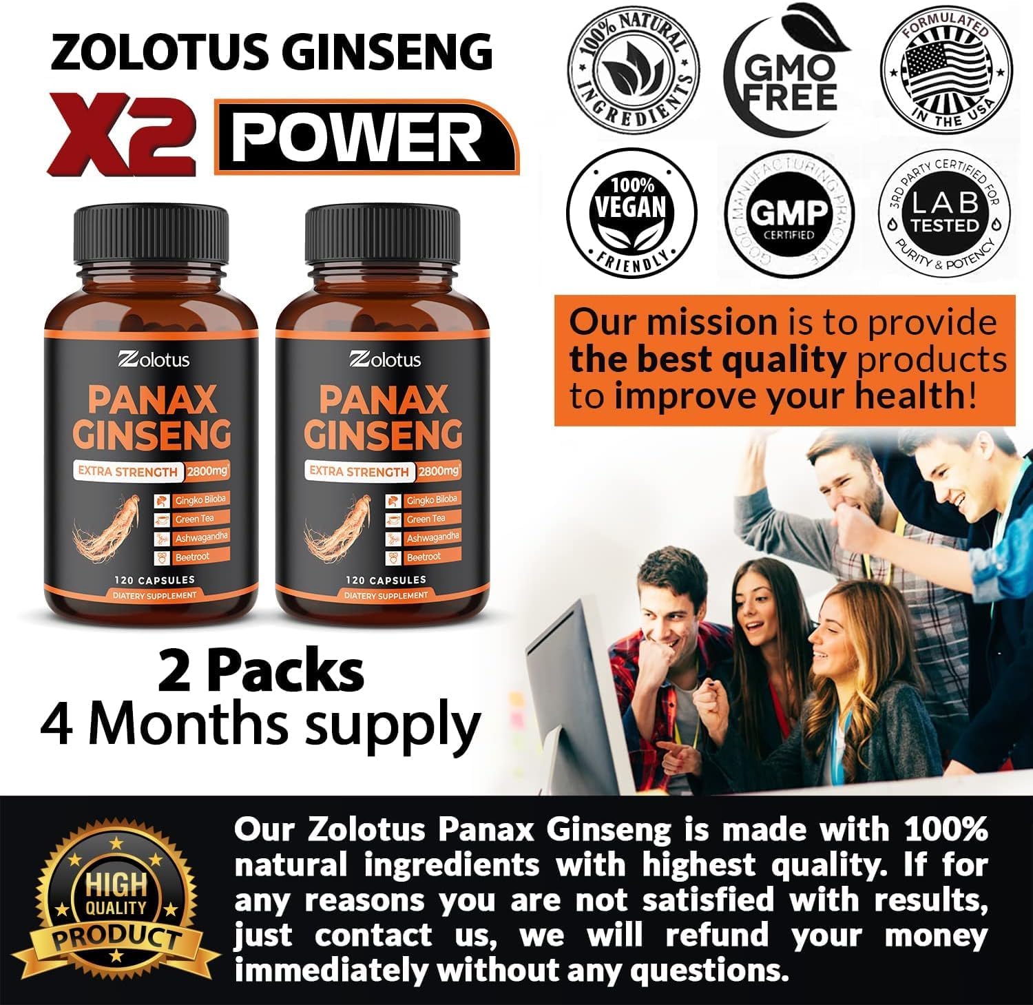 2 Packs Korean Red Panax Ginseng + Ginkgo Biloba, 2800mg Highest Potency with Ashwagandha, Beetroot, Green Tea Extract, Boost Energy, Mood, Focused Strength, Enhanced Stamina Performance, 240 Capsules : Health & Household