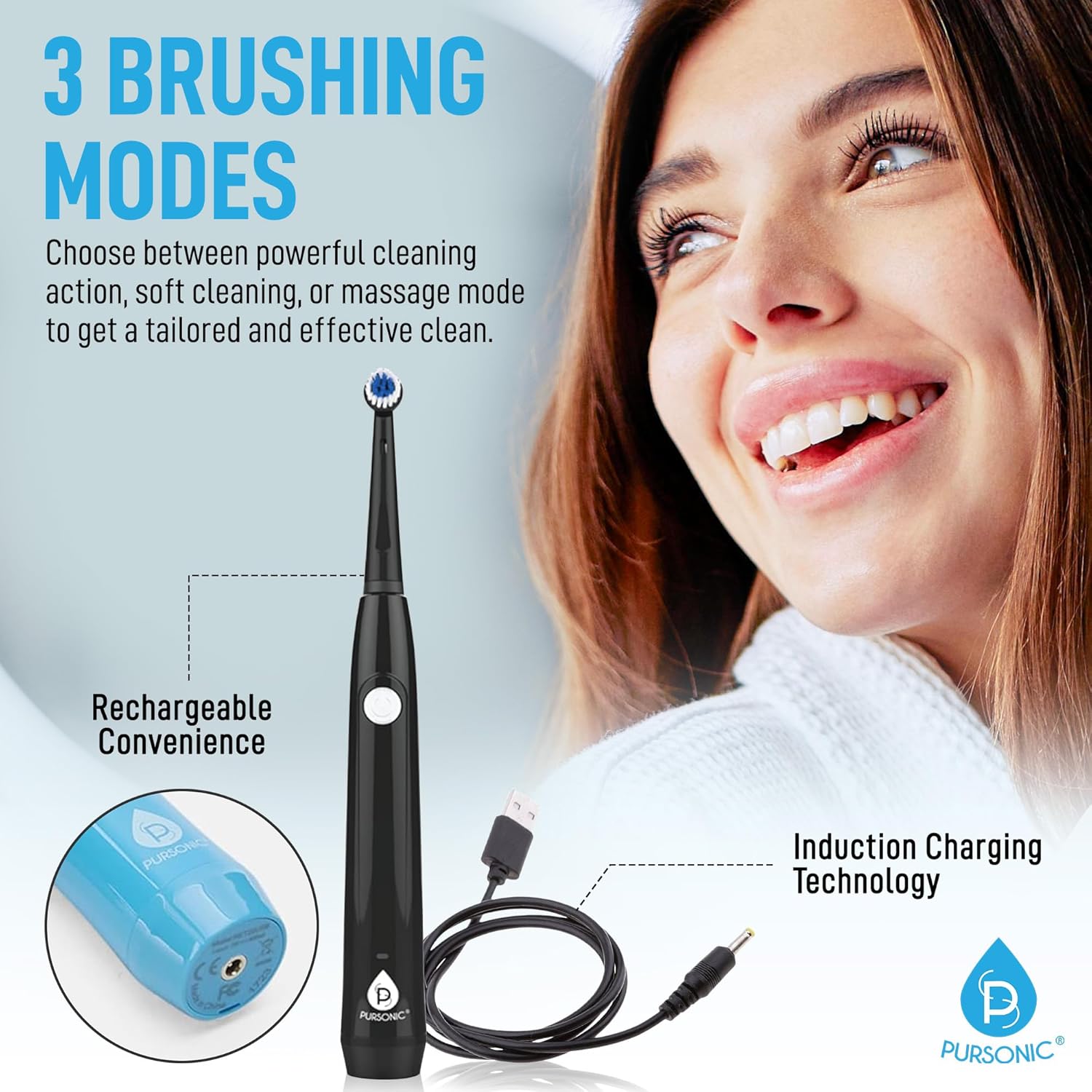Pursonic Rotating Electric Toothbrush For Adults With 3 Brush Heads - Toothbrush Electric With 3 Cleaning Modes - Usb Rechargeable Toothbrush With 2 Minute Smart Timer (White) : Health & Household