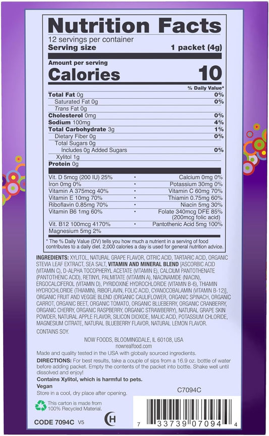 Now Foods, Slender Sticks, Grape Flavor, Sugar-Free Drink Sticks With Electrolytes For Your Active Lifestyle, 10 Calories/Stick, 12/Box (Pack Of 4)