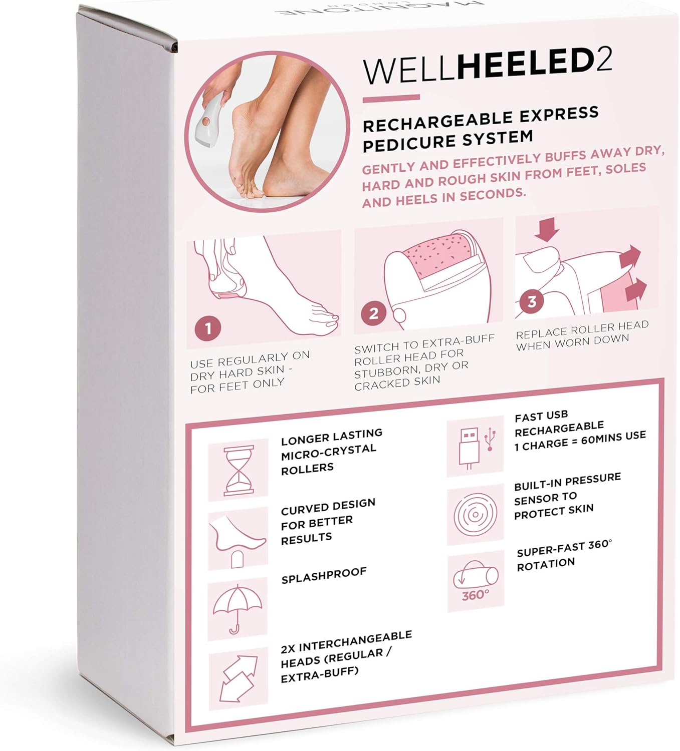 Magnitone Well Heeled 2 Rechargeable Express Pedicure System Electric Hard Skin Remover, Pink, 1 count : Amazon.co.uk: Health & Personal Care