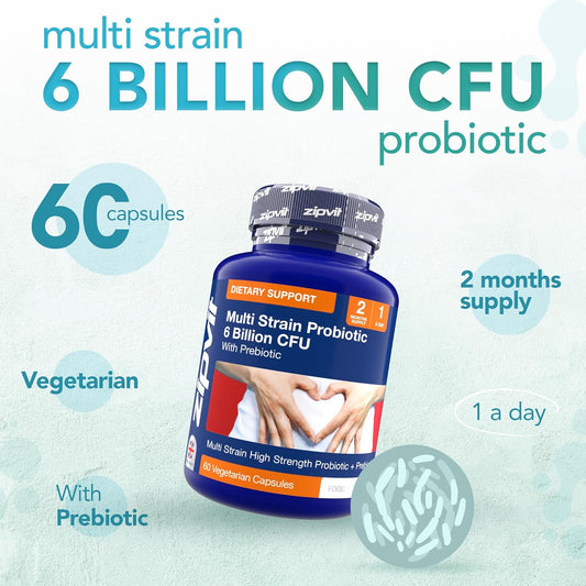 Zipvit Probiotic 6 Billion Cfu With Prebiotic Pouch, Multi Strain Probiotics For Gut Health, 5 Strains Including Lactobacillus Acidophilus, 60 Vegetarian Capsules For Women & Men, 2 Month Supply