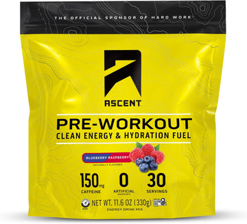 Ascent Pre Workout Powder - Preworkout For Men & Women With Zero Artificial Flavors & Sweeteners - Clean Energy With 150G Caffeine & 250G Electrolytes - Blueberry Raspberry, 30 Servings