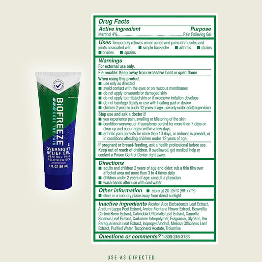Biofreeze Overnight Pain Relief Gel – Gel Apaisant Nuit Pour Douleurs Musculaires, Dos, Cou & Articulations