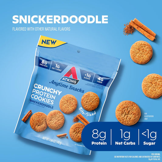 Atkins Bite-Sized Crunchy Protein Cookies, Snickerdoodle, 8G Protein, 4G Fiber, 1G Net Carb, 1G Sugar, Keto Friendly, 3 Bags (5 Servings Per Bag)