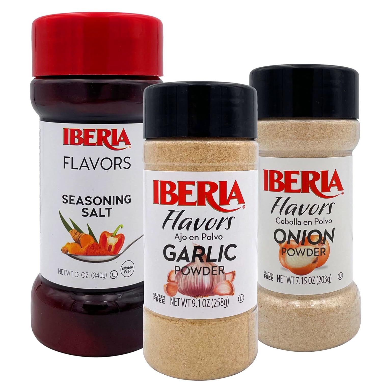 Iberia Garlic Powder, 9.1 Oz + Iberia Onion Powder, 7.5 Ounce + Iberia Seasoning Salt, 12 Oz