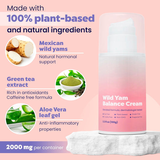 Natural Wild Yam Cream For Hormone Balance, Progesterone Cream For Women, Menstrual Relief & Menopause Cream With Green Tea & Aloe. Yam Cream For Hormones, Fertility, & Pms Usa Made - 3.3Floz-100G
