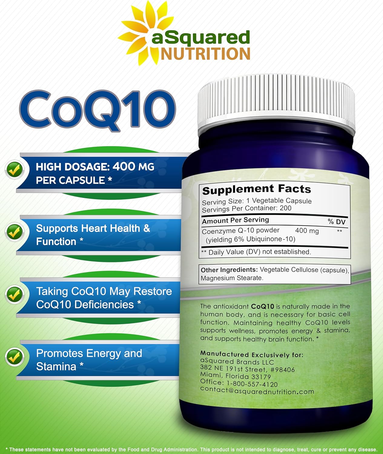 Asquared Nutrition Coq10 (400Mg Max Strength, 200 Capsules) - High Absorption Vegan Coenzyme Q10 Powder - Ubiquinone Supplement Pills, Extra Antioxidant Co Q-10 Enzyme Vitamin Tablets, Coq 10 400 Mg : Health & Household