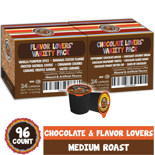 Crazy Cups Flavored Coffee Pods And Chocolate Coffee Pods Variety Pack For The Keurig K Cups Machine, Recyclable Single Serve Cups, 96 Count