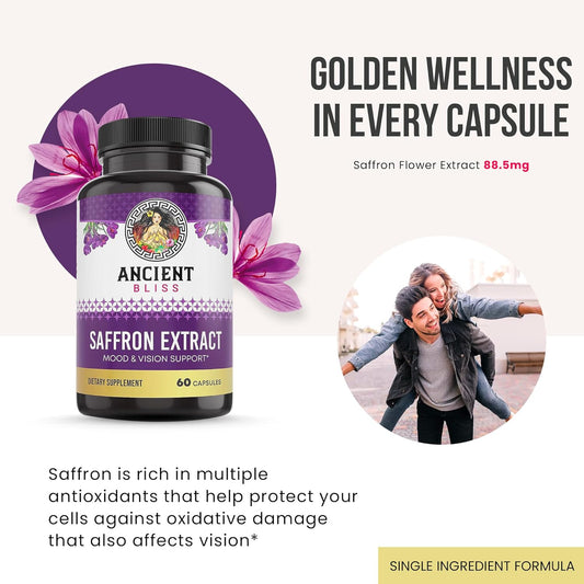 Ancient Bliss Saffron Extract Capsules Mood & Eye Support Supplement, Saffron Extract Appetite Suppressant Weight Management For Women & Men (60 Capsules)