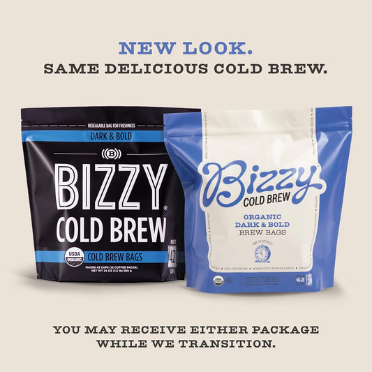 Bizzy Organic Cold Brew Coffee | Dark & Bold Blend | Coarse Ground Coffee | Dark Roast | Micro Sifted | Specialty Grade | 100% Arabica | Brew Bags | 12 Count | Makes 42 Cups