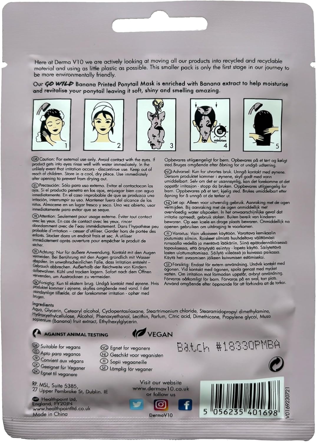 Healthpoint Derma V10 Go Wild Ponytail Mask, Enriched With Banana Extract, Nourishes, Moisturises, Revitalises And Strengthens Hair, Combats Dryness, Perfect For Pamper Nights, Vegan Friendly