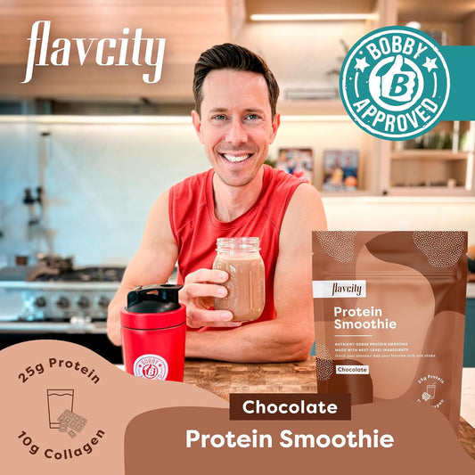 Flavcity Protein Powder Smoothie, Chocolate - 100% Grass-Fed Whey Protein Smoothie With Collagen & Organic Pea Protein (25G Of Protein) - Gluten Free & No Added Sugars (37.74 Oz)