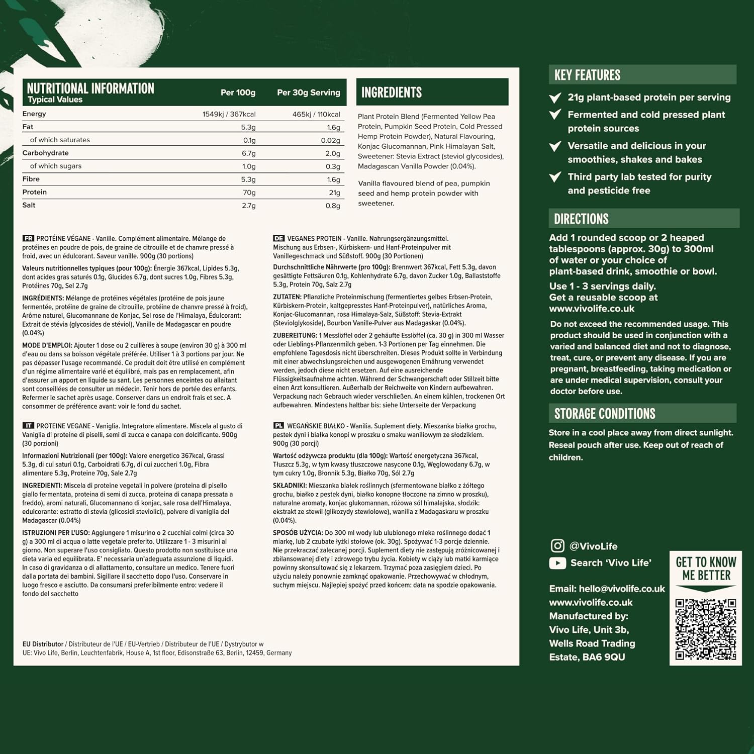 Vivo Vegan Protein Powder - 0.7 Oz Of Plant-Based Protein Per Scoop, 30 Servings (31.7 Oz) (Vanilla) (31.7 Oz, Unflavored) : Health & Household