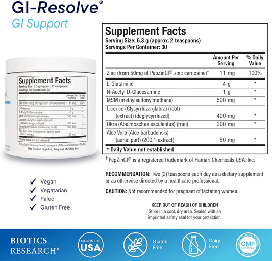 Biotics Research Gi Resolve™ Advanced L-Glutamine Powder Formula For Gut Lining Support & Healing - Optimal Gastrointestinal Function - Premium 7-Ingredient With Zinc Carnosine & Botanicals- 6.7Oz