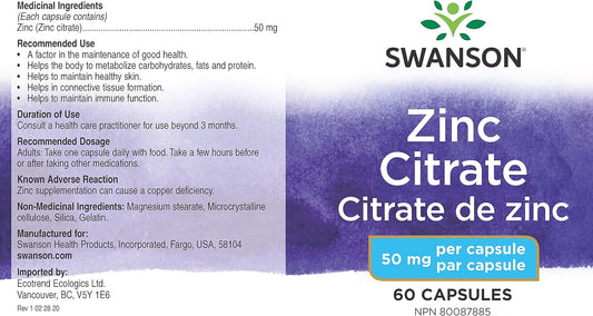 Swanson Zinc Citrate Immune Support Prostate Health 50 Milligrams 60 C