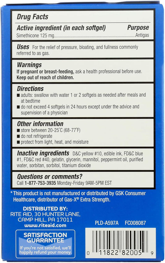 Rite Aid Gas Relief Extra Strength Softgels, Simethicone 125 Mg - 72 Softgels, For Bloating And Gas Relief