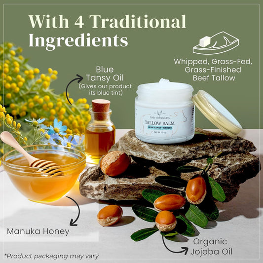 100% Grass Fed Beef Tallow For Skin - Organic Tallow Face Moisturizer - Beef Tallow With Manuka Honey Balm Ideal For Eczema Treatment, Stretch Marks, Reduce Redness, Sensitive Skin (Blue Tansy)