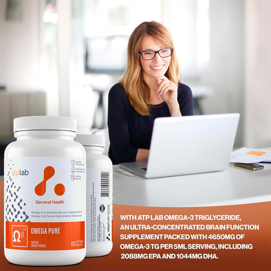 Atp Lab - Omega Pure 120 Softgels 60-Day Supply - Omega-3 In Exceptionally Pure Triglyceride Form - Helps Support Cognitive Health, Brain Function And Cardiovascular Health - Gluten-Free And Non-Gmo