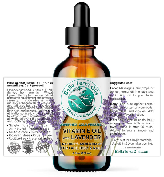 Bella Terra Oils - Lavender Infused Organic Vitamin E Oil 4 oz - D-Alpha Tocopherol Powerhouse, Extracted from Organic Wheat Germ, Lavishly Nourishing Organic Vitamin E for Luxurious Skin