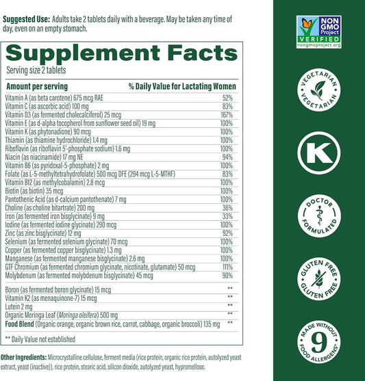 Megafood Baby & Me 2 Postnatal Vitamins For Breastfeeding Moms With Folate (Folic Acid Natural Form), Choline, Iodine, Vitamin D, Moringa Leaf And More - 120 Tabs (60 Servings)
