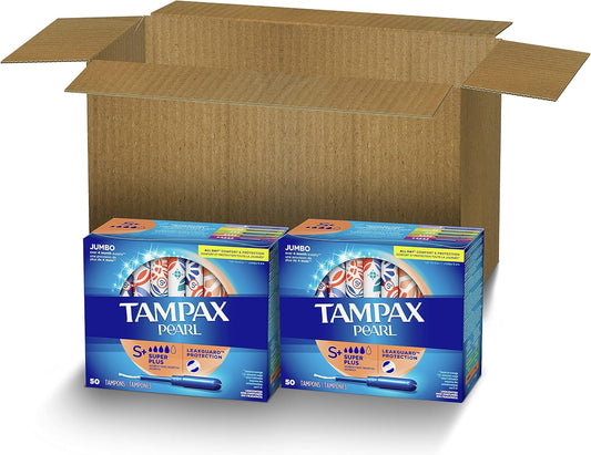 Tampax Pearl Tampons Super Plus Absorbency, With Leakguard Braid, Unscented, 50 Count (Pack Of 4), 100 Count Total