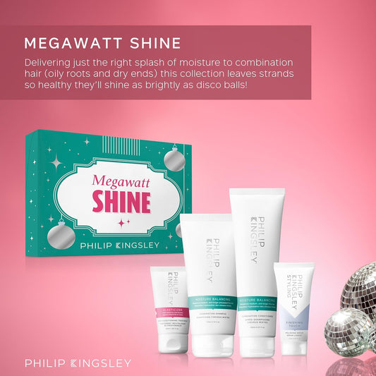 Philip Kingsley Retro Christmas Collection Megawatt Shine, Moisture Balancing Hydrating Shampoo And Conditioner, Elasticizer Deep Conditioning Hair Mask Treatment, Finishing Touch Polishing Serum
