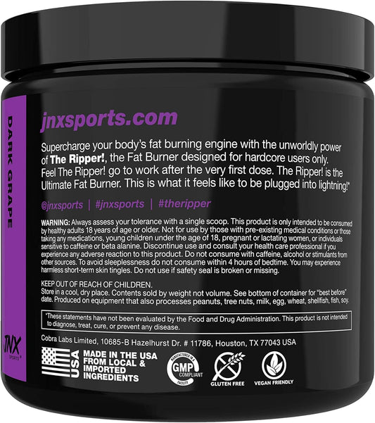 Jnx Sports The Ripper! Shredding Thermogenic Fat Burner - Dark Grape 30 Servings | Advanced Fast Acting Thermogenic Pre-Workout, Appetite Suppressant For Men & Women