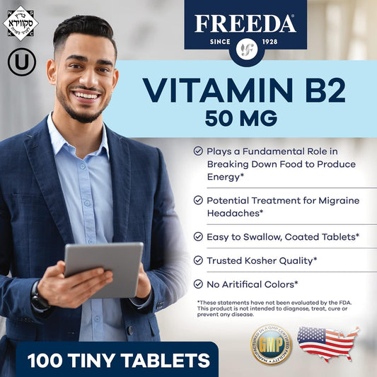 Freeda Vitamin B2 Riboflavin 50Mg โ Energy & Nervous System Support โ Kosher, Vegan, Gluten-Free B2 Supplement For Brain & Metabolism โ (100 Ct)
