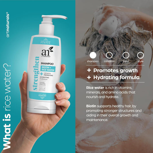 Artnaturals Rice Water + Biotin Shampoo - (16 Fl Oz / 473Ml) - Sulfate Free – Dual Bottle -Made With Banana, Quinoa, And Coconut To Promote Strength, Shine, And Growth