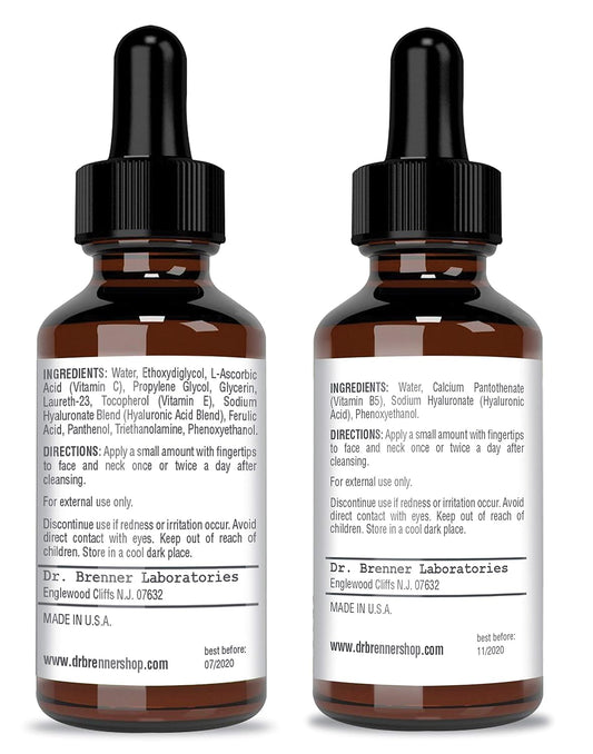 Vitamin C Serum 20% Pure L-Ascorbic Acid, Ferulic Acid, Vitamin E And Ha And Hyaluronic Acid Serum With Vitamin B5 For Face And Eyes Natural Anti Aging Anti Wrinkle Set Of 2 By Dr. Brenner
