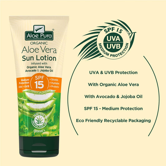 Aloe Pura Sun Cream Lotion Spf 15, Soothing Aloe Vera, Medium Protection Uva & Uvb, Hyrdate And Protect, Natural, 200Ml