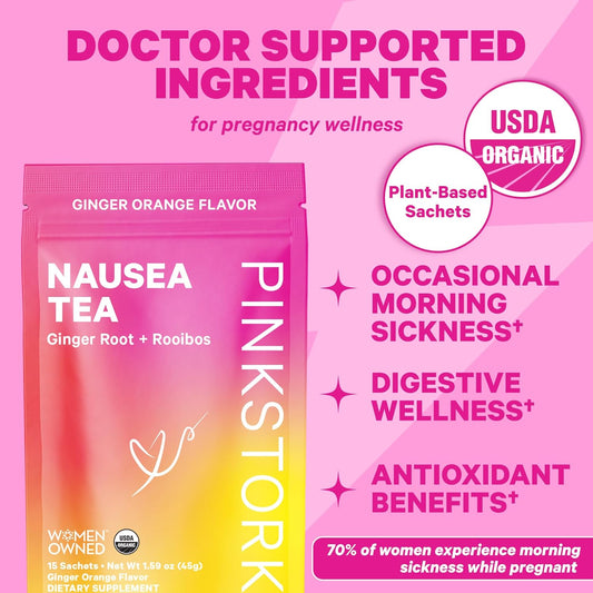 Pink Stork Sweet Morning Sickness Support Bundle: Morning Sickness Support, Ginger Tea + Peppermint Candy, Motion Sickness Support, Digestion Support, Vitamin B, Women-Owned