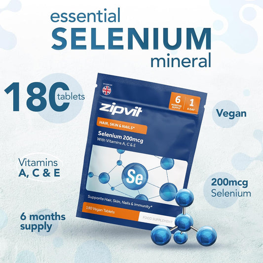 Zipvit Selenium 200Mcg With Vitamins A, C, E. 180 Vegan Tablets. Supports Normal Thyroid, Skin, Hair & Nails, Immune System, And Antioxidant Protection. 6 Month Supply
