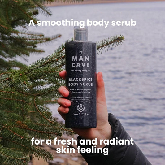 Mancave Blackspice Body Scrub 200Ml For Men, Warm & Woody Aroma, Exfoliate & Cleanse Skin With Pumice And Charcoal Powder Scrub, Natural Formulation, Vegan Friendly, Made In England
