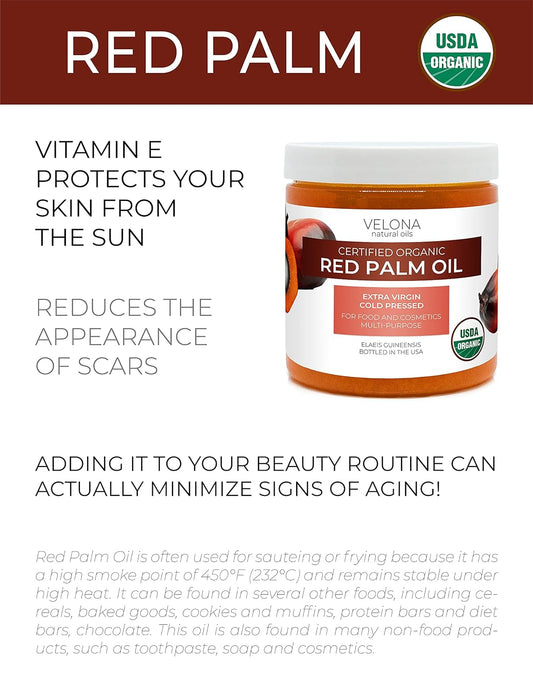 velona USDA Certified Organic Red Palm Oil 8 oz | Food and Cosmetic Grade | in jar | Extra Virgin, Cold Pressed | Skin, Face, Body, Hair Care | Use Today - Enjoy Result
