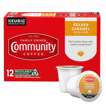 Community Coffee Golden Caramel Flavored Medium Roast Single Serve 12 Ct Box, Compatible With Keurig 2.0 K Cup Brewers, Medium Full Body Rich Creamy Taste, 100% Arabica Coffee Beans