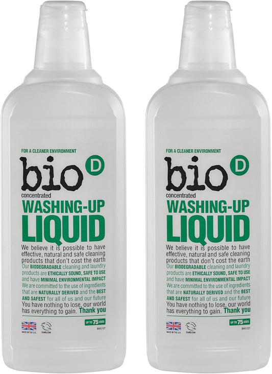 Bio-D Washing Up Liquid, Hypoallergenic, Vegan, Safe For Septic Tanks And Cess Pits. 750Ml X 2