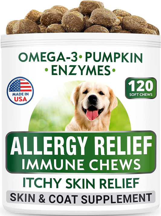 Allergy Relief + Dog Probiotics Chews Bundle - Itchy Skin Relief + Upset Stomach Relief - Omega 3, Pumpkin, Enzymes, Prebiotics - Seasonal Allergies + Improve Digestion - 120 + 120 Chews - Made In Usa