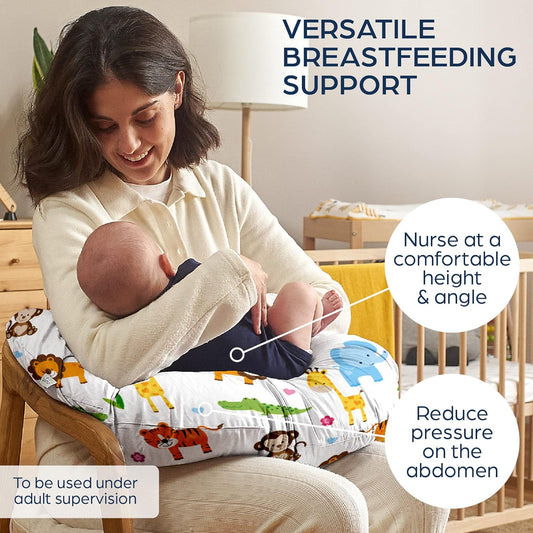 Niimo Nursing Pillow - 100% Cotton Cover With Siliconised Polyester Fibre Filling For Ergonomic Support, 100% Machine-Washable Feeding Pillow (Jungle)