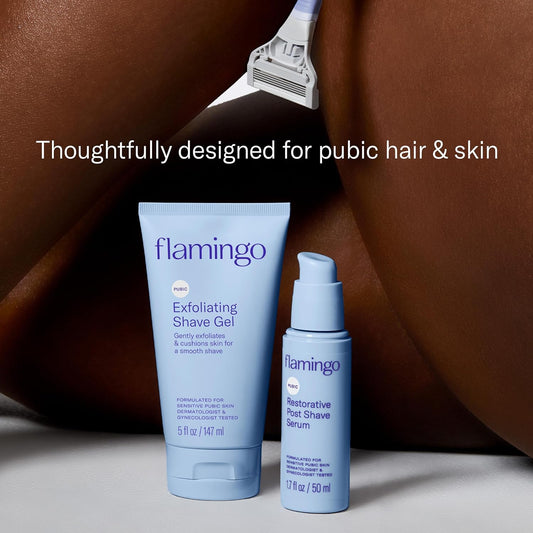 Flamingo Pubic Shaving Regimen - Pubic Razor - Exfoliating Shave Gel, 5 fl oz - Restorative Post Shave Serum, 1.7 fl oz