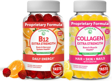 Vitamin B12 And Collagen Gummies Bundle - Non-Gmo, Gluten Free, No Corn Syrup, All Natural Supplements- 60 Ct Vitamin B12 Gummies And 60 Ct Collagen Gummies - 30 Days Supply