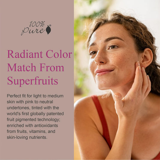 100% Pure Healthy Foundation Full Face Coverage Makeup, Liquid Matte Finish With Anti-Aging Benefits - Vegan Gorgeous Fruit Pigmented White Peach Color (Light With Warm Undertone) - 1 Fl Oz