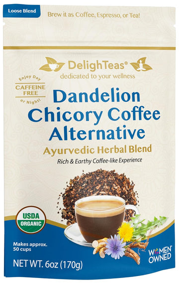 Delighteas Organic Coffee Alternative | Ayurvedic Herbal Chicory Dandelion Coffee | Coffee Substitute | Usda Organic, Caffeine Free, Gluten Free | With Sweet Notes Of Carob | 50 Servings, 6Oz