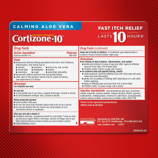 Cortizone-10 Maximum Strength Soothing Aloe Itch Relief Cream, 1% Hydrocortisone, Fast-Acting, Anti-Itch Cream For Bug Bites, Rash, Eczema, Psoriasis, Poison Ivy, Oak, Sumac & More, 1 Oz