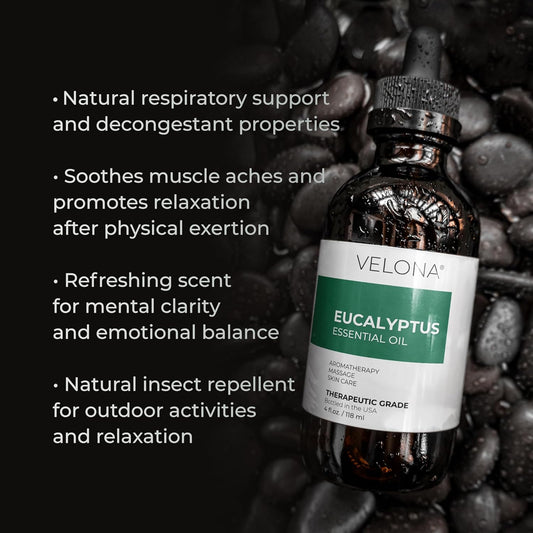 Eucalyptus Essential Oil By Velona - 4 Oz | Therapeutic Grade 100% Pure And Natural | For Aromatherapy Diffuser, Massage, Skincare, Haircare, Soapmaking | Undiluted And Multipurpose In Glass Bottle