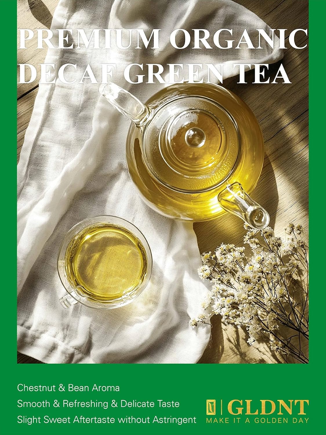 Gldnt Organic Decaf Green Tea, Organic Decaffeinated Green Tea Loose Leaf, Delicate & Smooth Flavor, Hot & Iced Tea, 16 Ounce